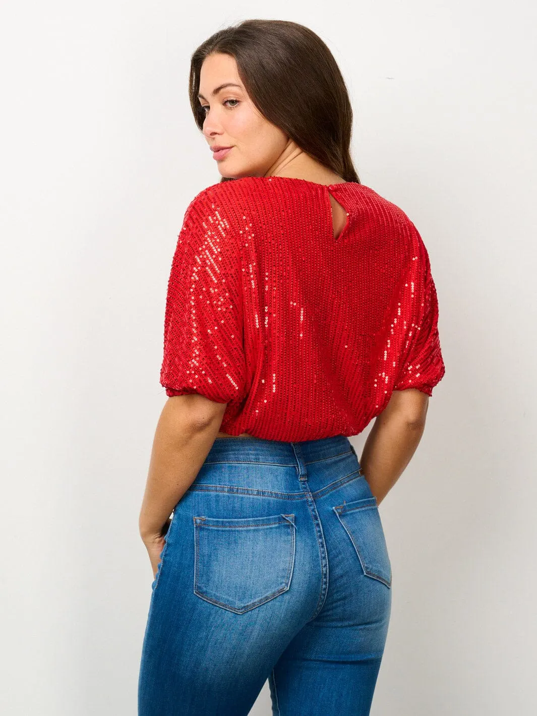 WOMEN'S SHORT PUFF SLEEVE SEQUINS CROP TOP