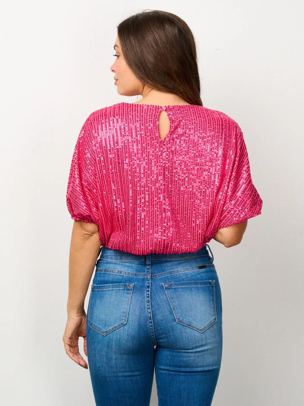 WOMEN'S SHORT PUFF SLEEVE SEQUINS CROP TOP