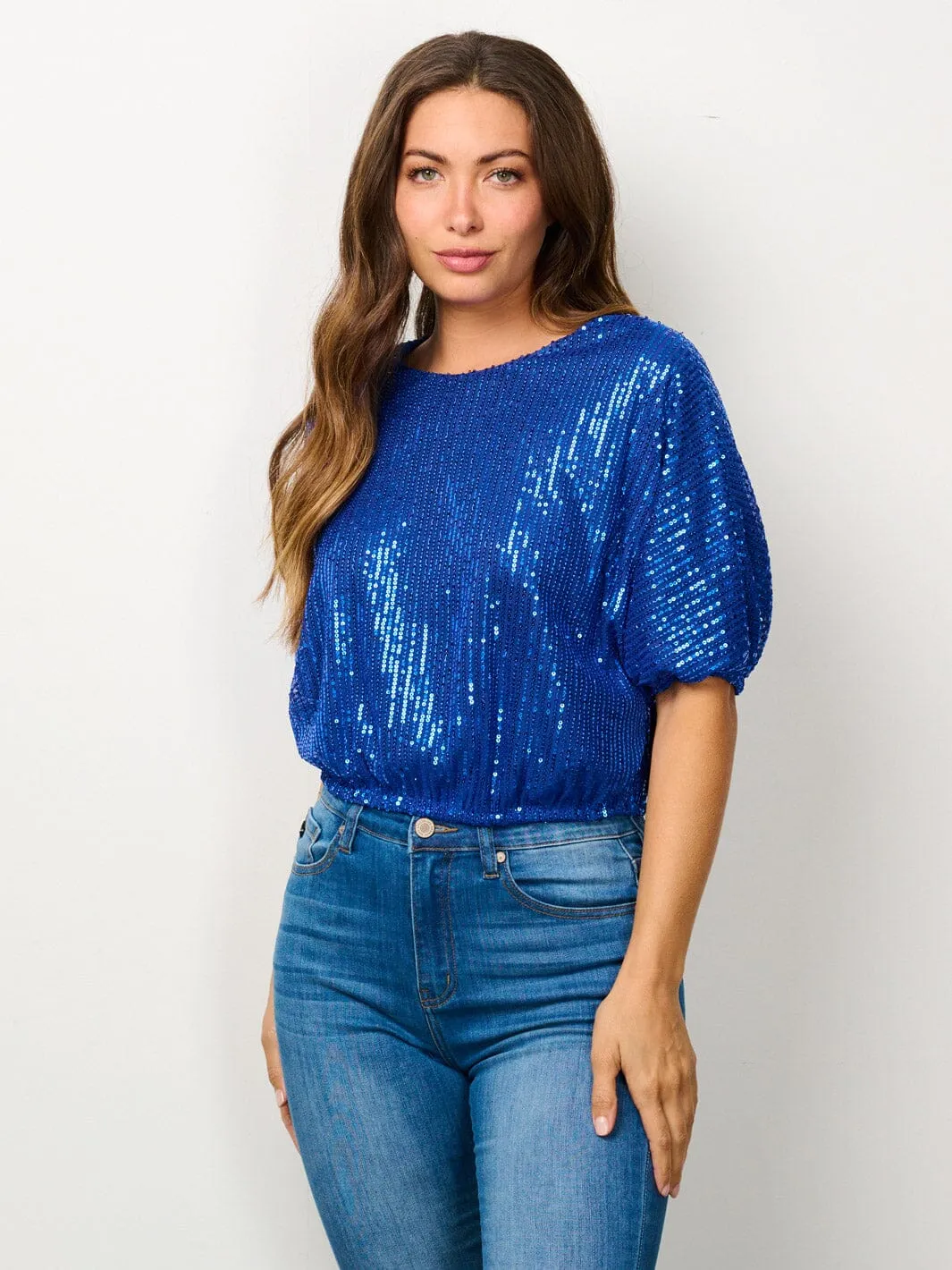 WOMEN'S SHORT PUFF SLEEVE SEQUINS CROP TOP