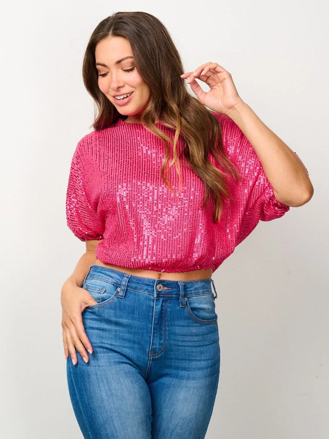 WOMEN'S SHORT PUFF SLEEVE SEQUINS CROP TOP