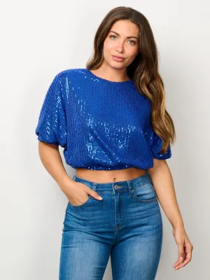WOMEN'S SHORT PUFF SLEEVE SEQUINS CROP TOP