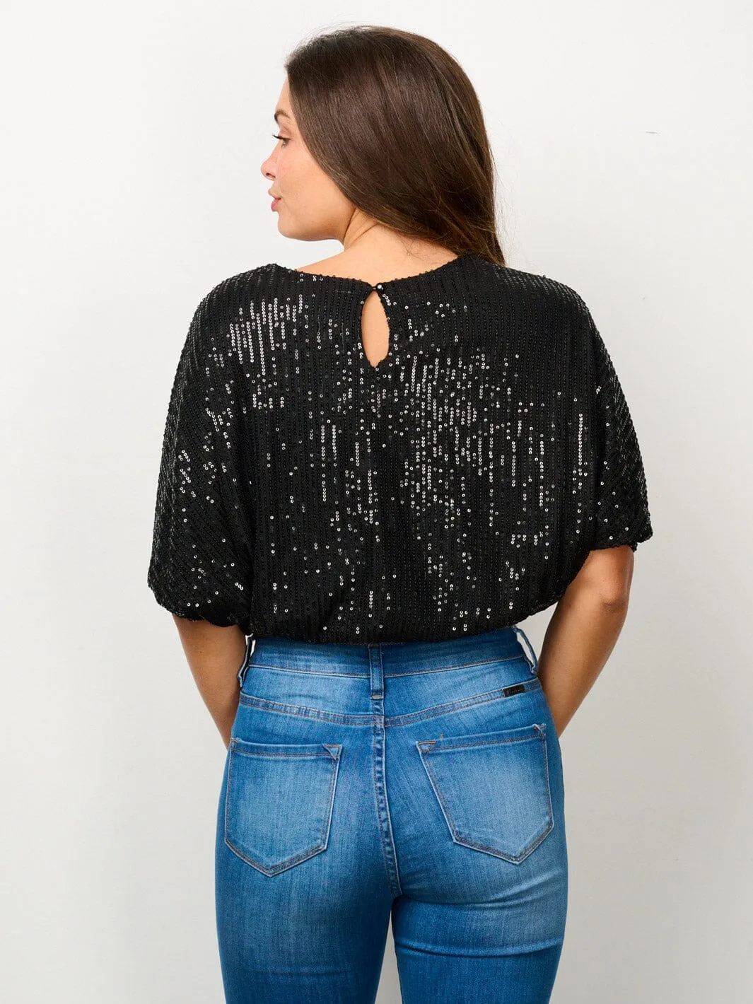 WOMEN'S SHORT PUFF SLEEVE SEQUINS CROP TOP