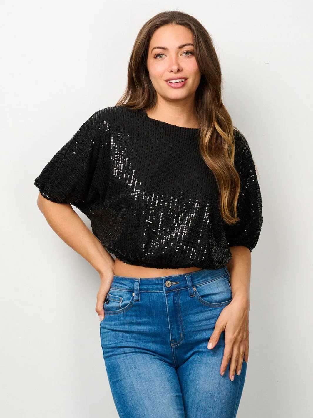 WOMEN'S SHORT PUFF SLEEVE SEQUINS CROP TOP