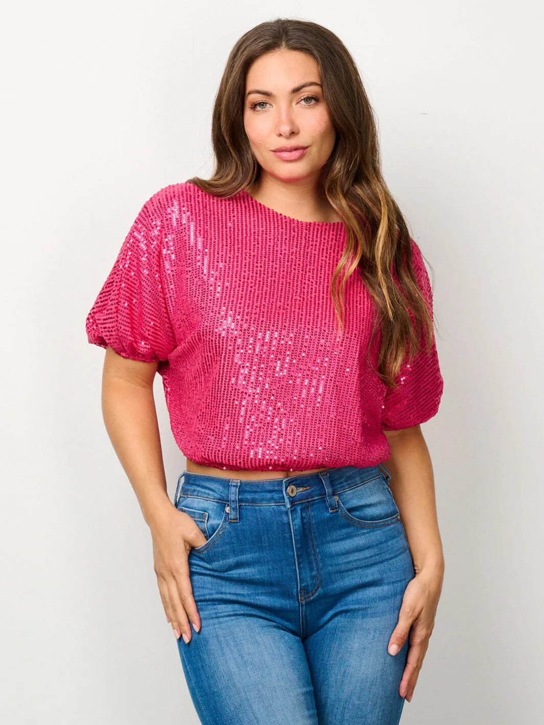 WOMEN'S SHORT PUFF SLEEVE SEQUINS CROP TOP