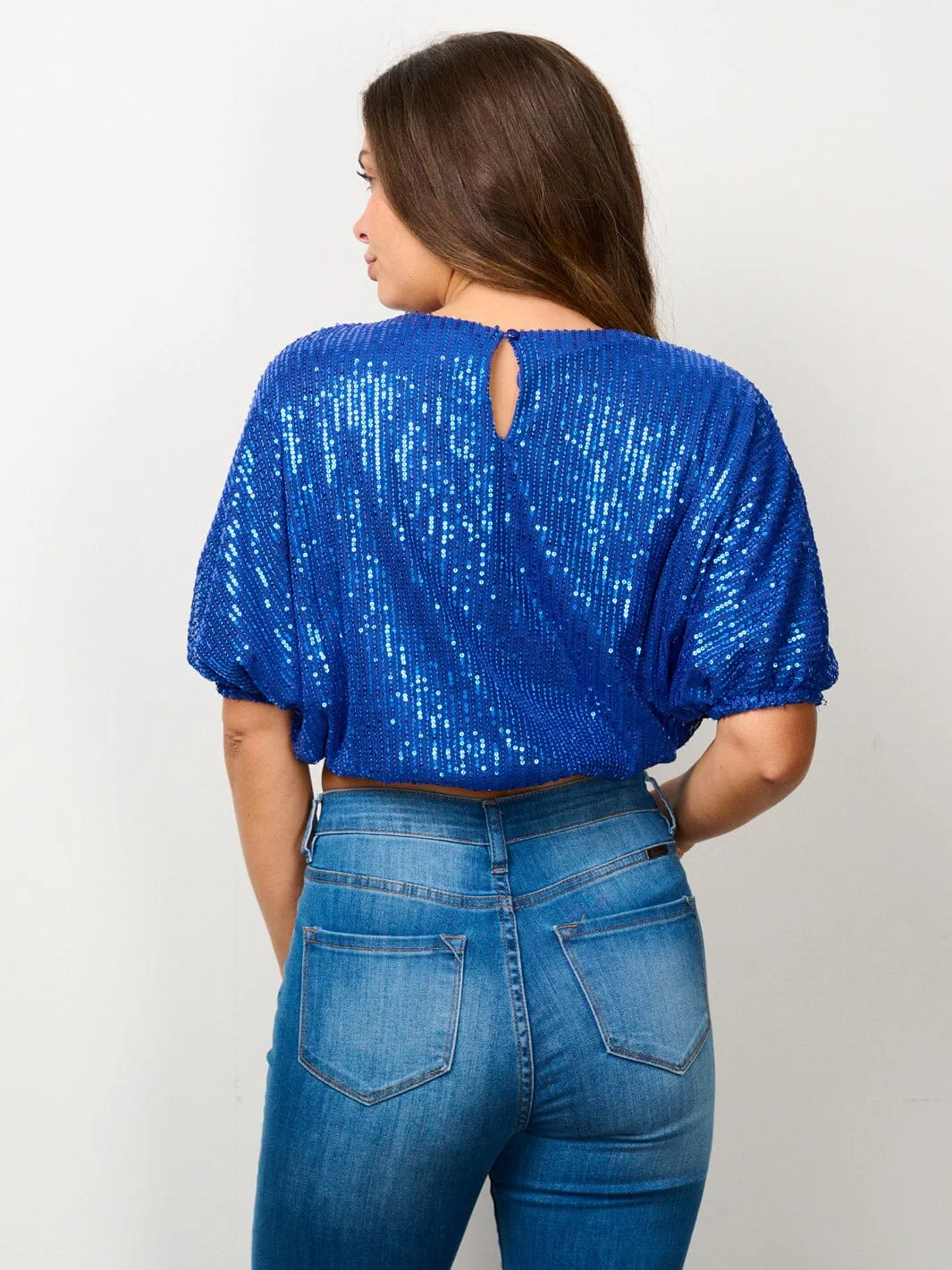 WOMEN'S SHORT PUFF SLEEVE SEQUINS CROP TOP