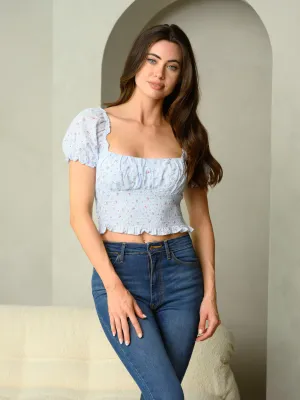 WOMEN'S SHORT PUFF SLEEVE SQUARE NECK SMOCK FLORAL CROP TOP