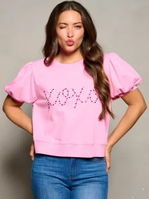 WOMEN'S SHORT PUFF SLEEVE XOXO GRAPHIC BLOUSE TOP