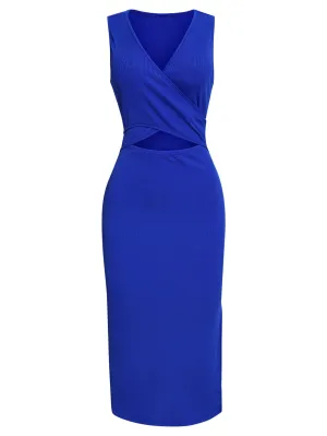 Women’s Sleeveless Midi Gown with Bare Midriff Cutout and Thigh Slit