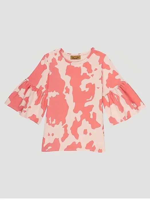 Wrangler Girl's Pink Cow Print Bell Sleeve Top In Pink