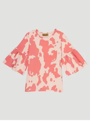 Wrangler Girl's Pink Cow Print Bell Sleeve Top In Pink