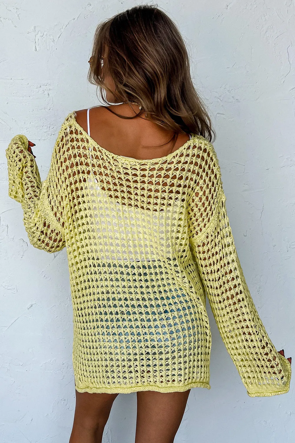 Yellow Open Knit Bell Sleeve Tunic Sweater
