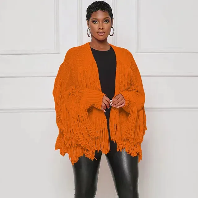 Znaiml  Winter Long Sleeve Knitted Shaggy Fluffy Loose Coat Outerwear Tops Women Tassel Fringe Cardigans Sweater Outfits