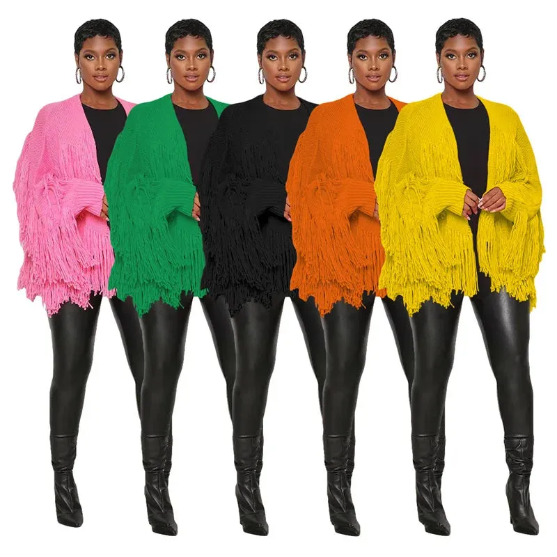 Znaiml  Winter Long Sleeve Knitted Shaggy Fluffy Loose Coat Outerwear Tops Women Tassel Fringe Cardigans Sweater Outfits