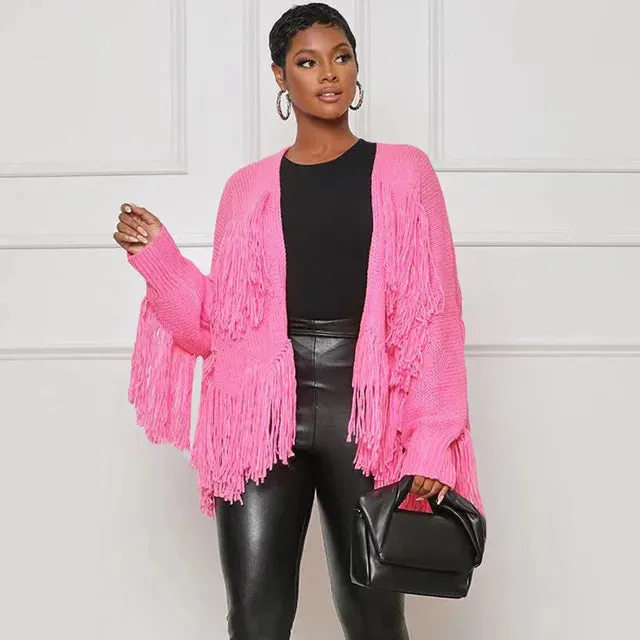 Znaiml  Winter Long Sleeve Knitted Shaggy Fluffy Loose Coat Outerwear Tops Women Tassel Fringe Cardigans Sweater Outfits
