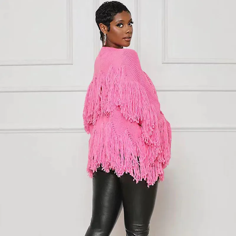 Znaiml  Winter Long Sleeve Knitted Shaggy Fluffy Loose Coat Outerwear Tops Women Tassel Fringe Cardigans Sweater Outfits